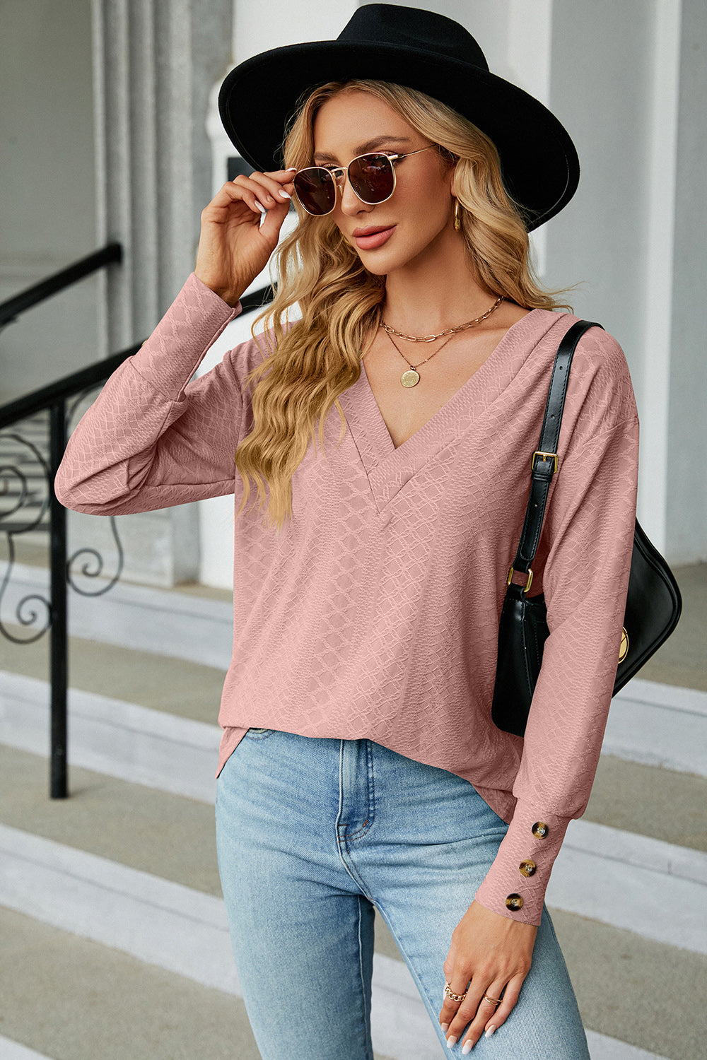V-Neck Lantern Sleeve T-Shirt