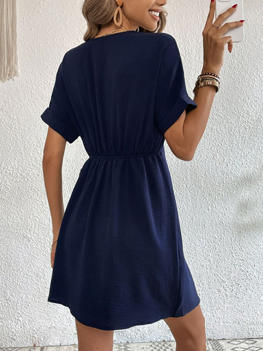 Perfee Tied Cuffed Sleeve Surplice Dress